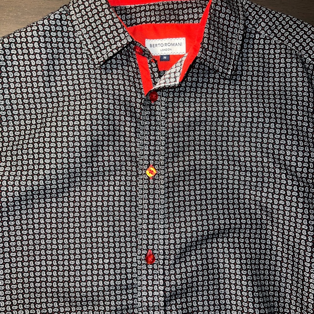 Berto Romani Patterned Dress Shirt Unique Red and Black - Men's Medium